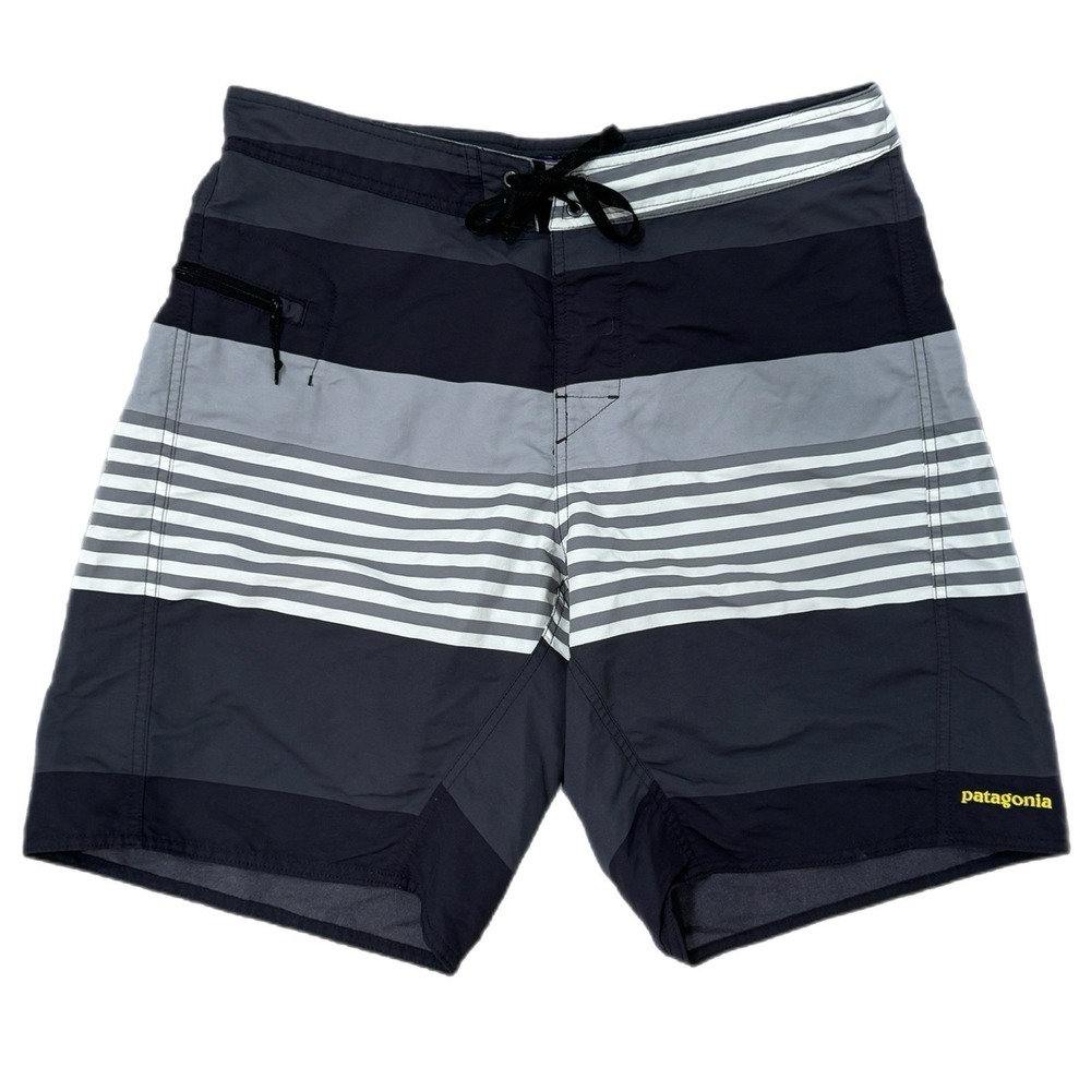 Patagonia Mens Board Shorts Size 34 Grey Black Striped Swim Trunks Beachwear